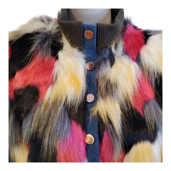 GUESS LA SZ S Women's Multi-color Faux-Fur & Denim Zip Front Bomber Jacket - Picture 4 of 12